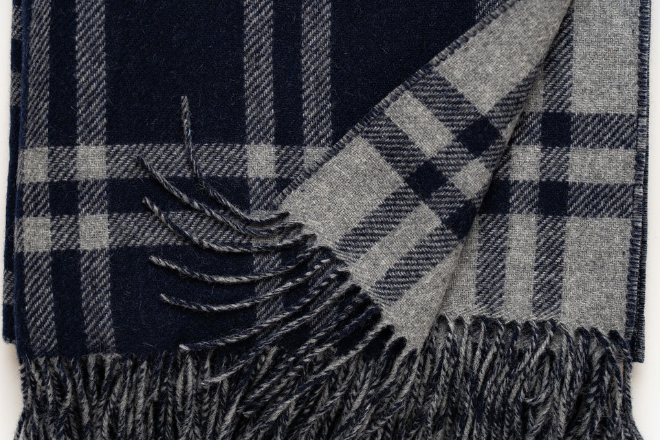 【買えないブランケット】 ReBirth WOOL ブランケット/チェック柄/ネイビーグレー 【ID:22】