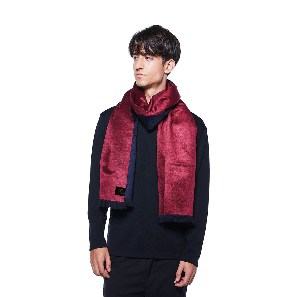 ダブルリッチシルクウールストールL（ボルドー×ネイビー
