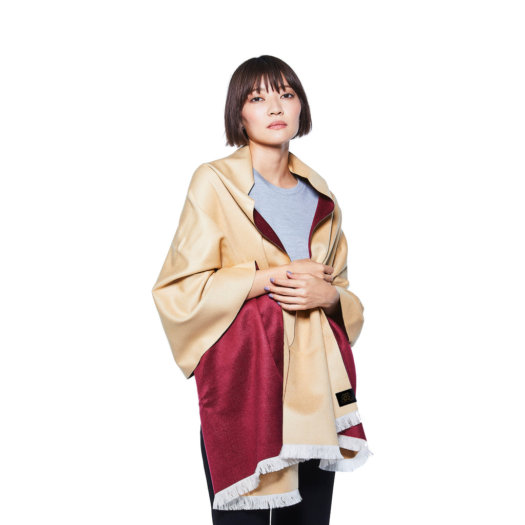 ダブルリッチシルクウールストールL（キャメル×ボルドー