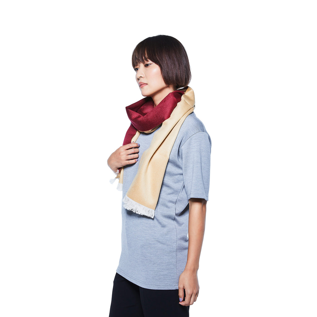 ダブルリッチシルクウールストールS（キャメル×ボルドー