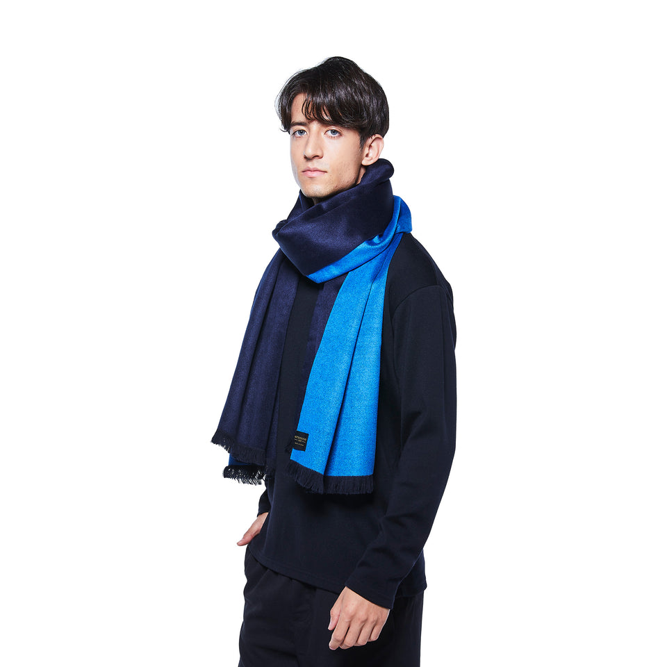 ダブルリッチシルクウールストールL(ネイビー×ブルー)