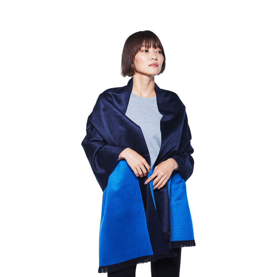 ダブルリッチシルクウールストールL(ネイビー×ブルー)