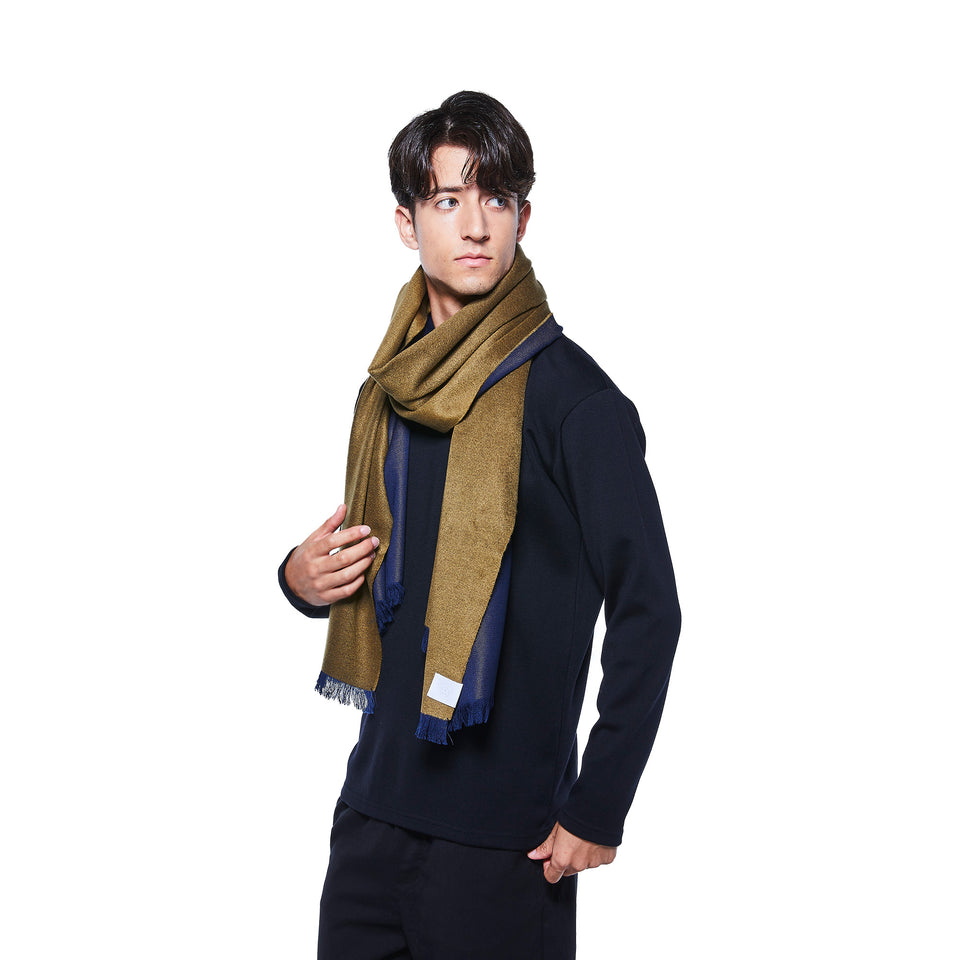 フェザーシルクウールストールL (カーキ×ネイビー)