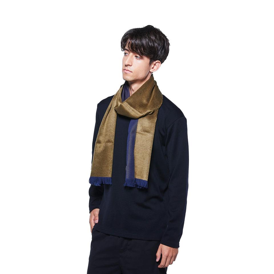 フェザーシルクウールストールS  (カーキ×ネイビー)