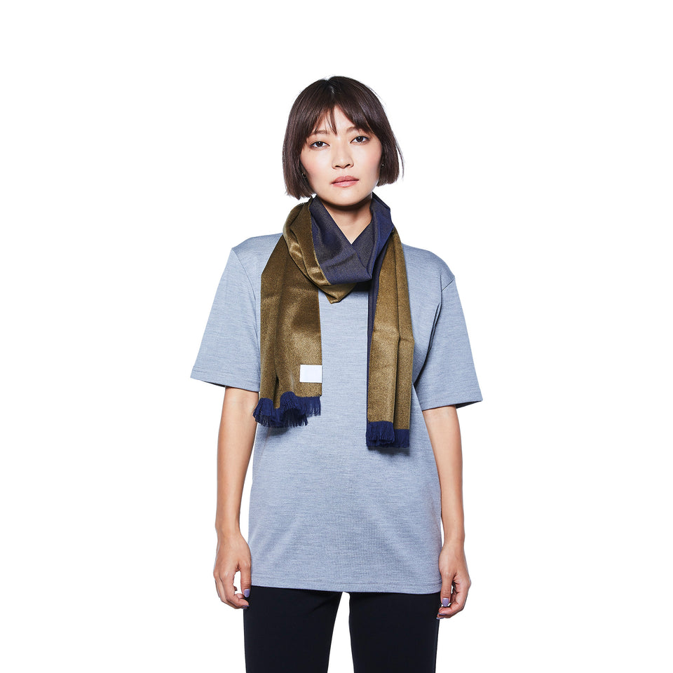 フェザーシルクウールストールS  (カーキ×ネイビー)