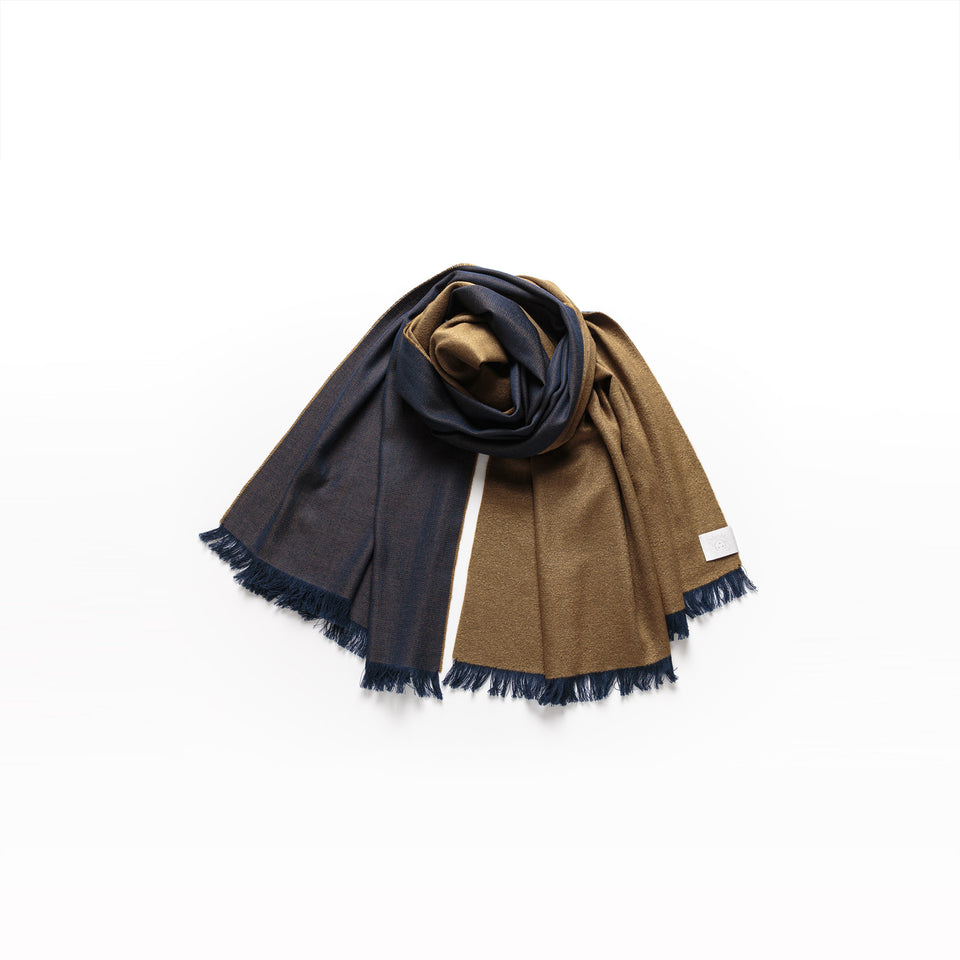 フェザーシルクウールストールL (カーキ×ネイビー)
