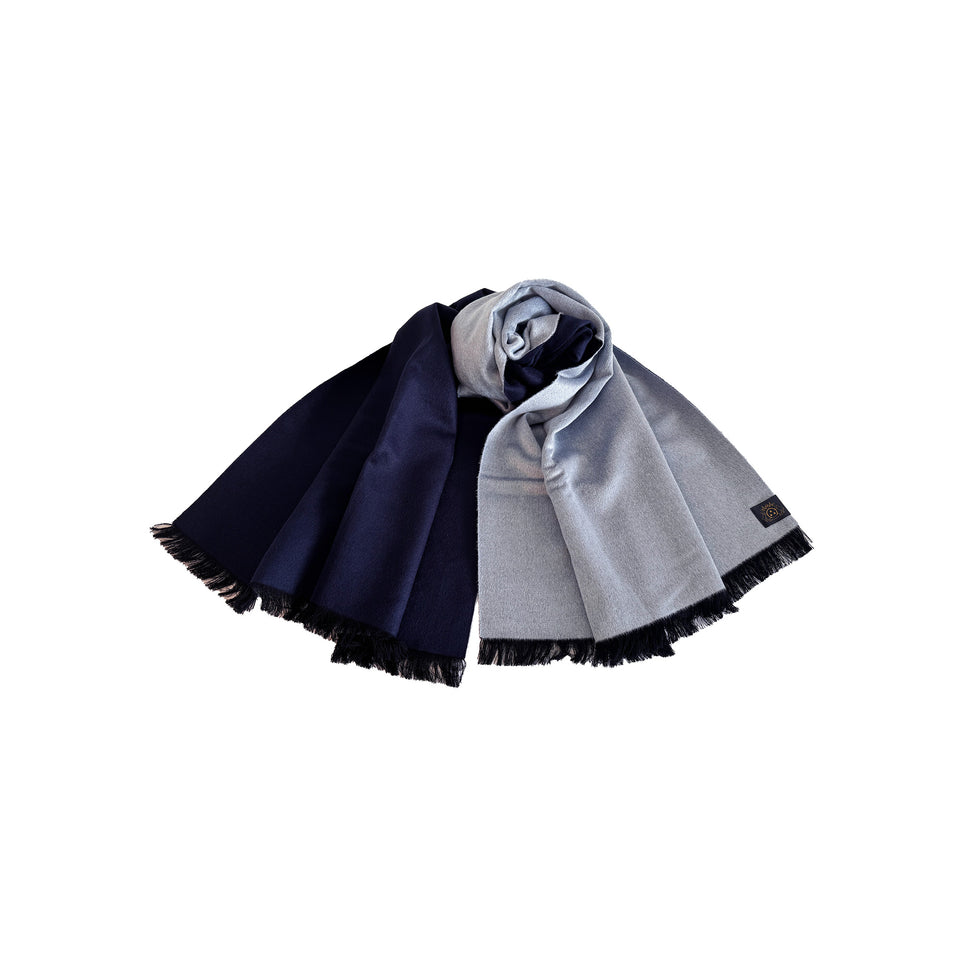 ダブルリッチシルクウールストールL（グレイッシュブルー×ネイビー）
