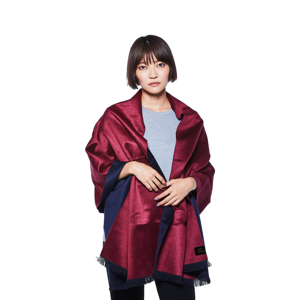 ダブルリッチシルクウールストールL（ボルドー×ネイビー）