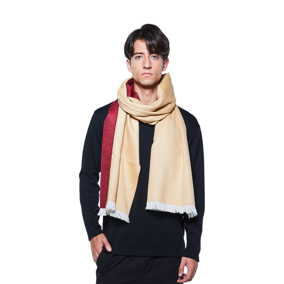 ダブルリッチシルクウールストールL（キャメル×ボルドー）