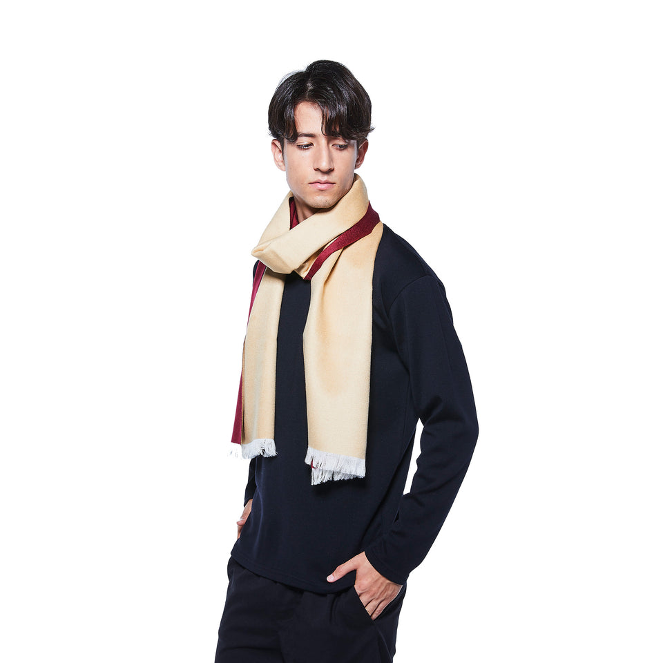 ダブルリッチシルクウールストールS（キャメル×ボルドー）