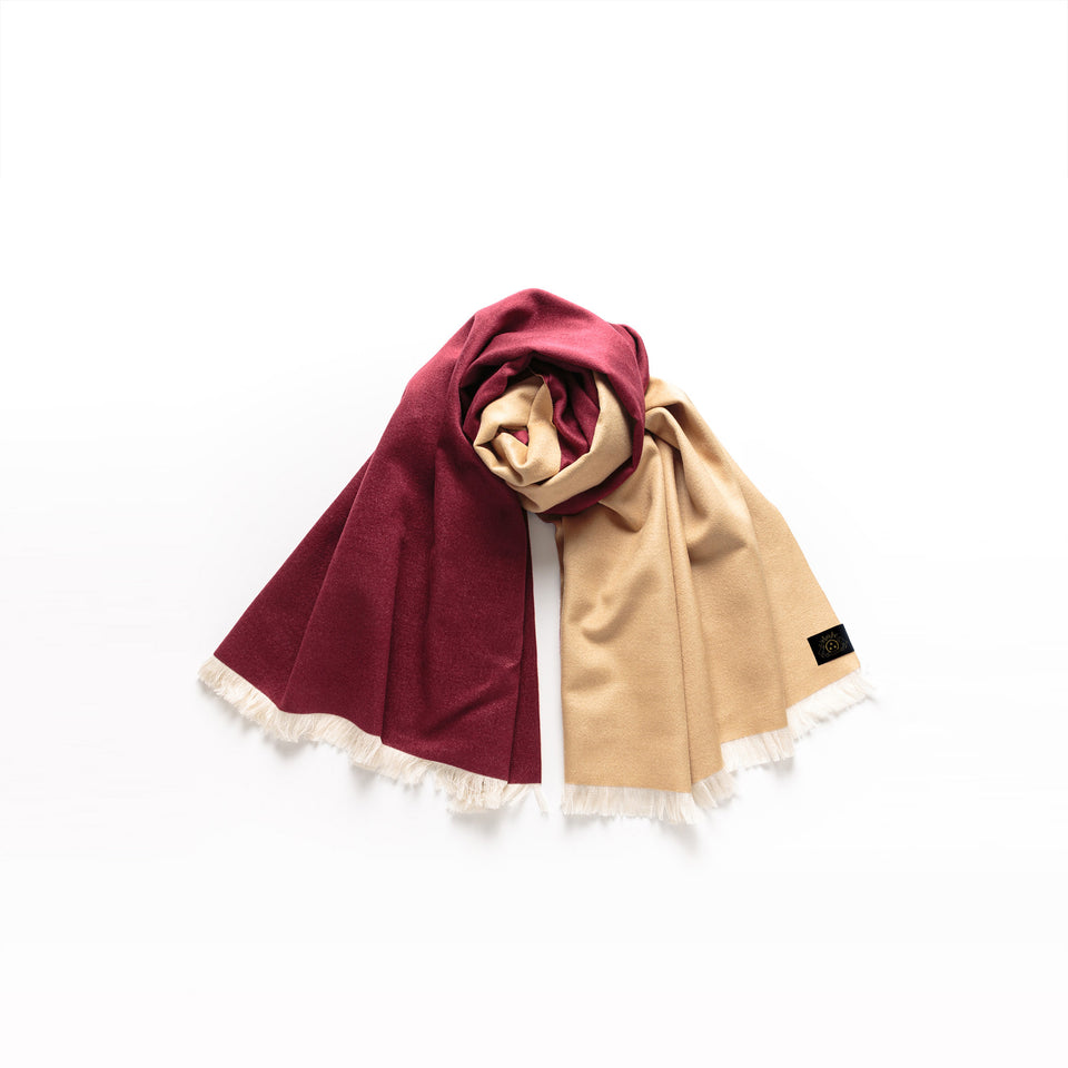 ダブルリッチシルクウールストールL（キャメル×ボルドー）